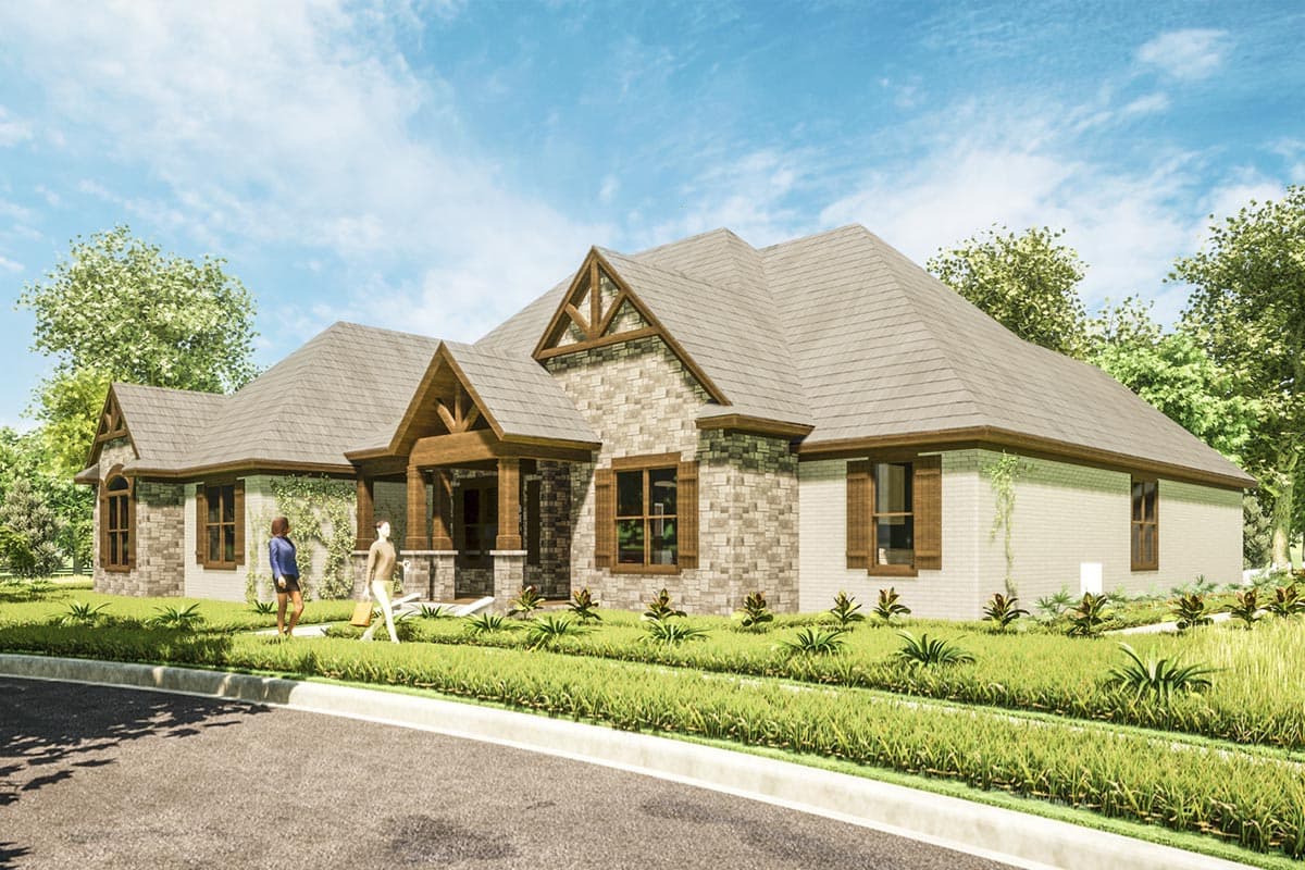 House plan exterior: one-story home with stone and brick facade, prominent gables, and a covered entry porch with timber supports.