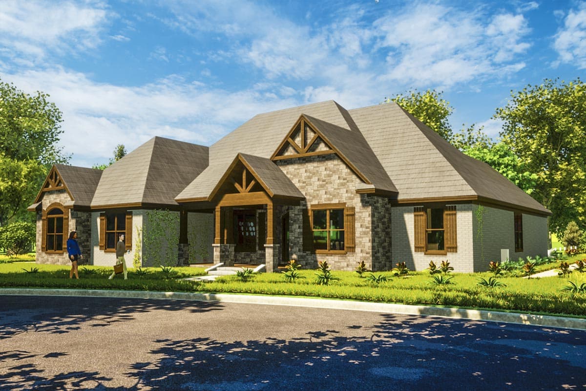 House plan exterior showing a single-story Modern Farmhouse design with stone accents, gables, and a covered entry porch.