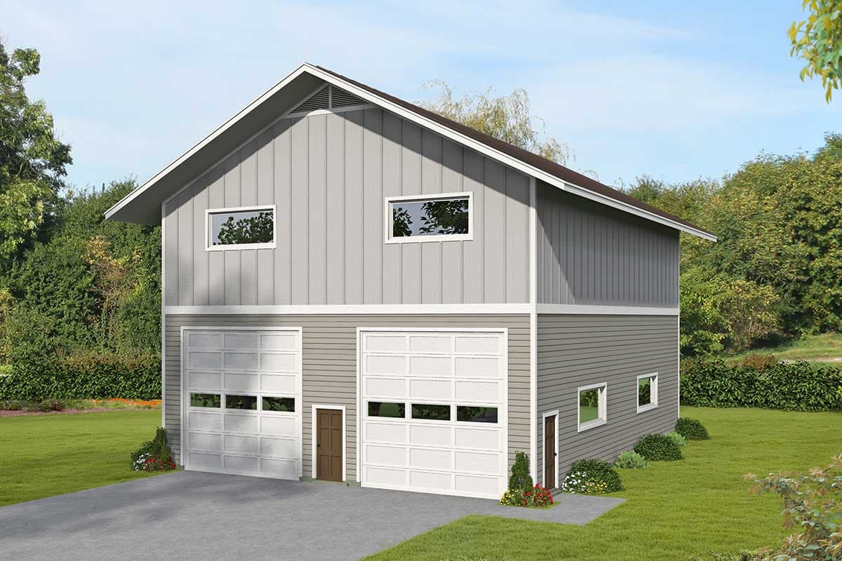 House plan exterior. Two-story garage plan with vertical siding, gable roof, and two garage door bays. Features small entry door.