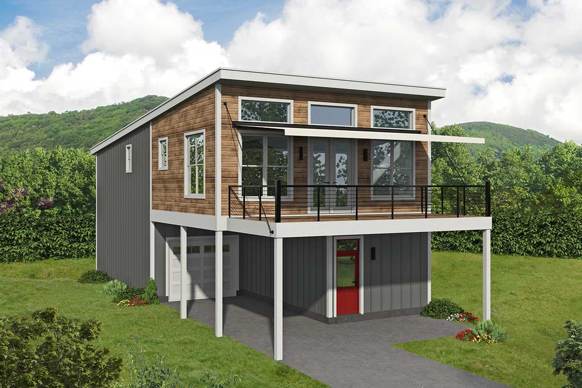 House plan exterior with modern design. Features include a cantilevered balcony, shed roof, and wood siding. Two-story structure with a garage.