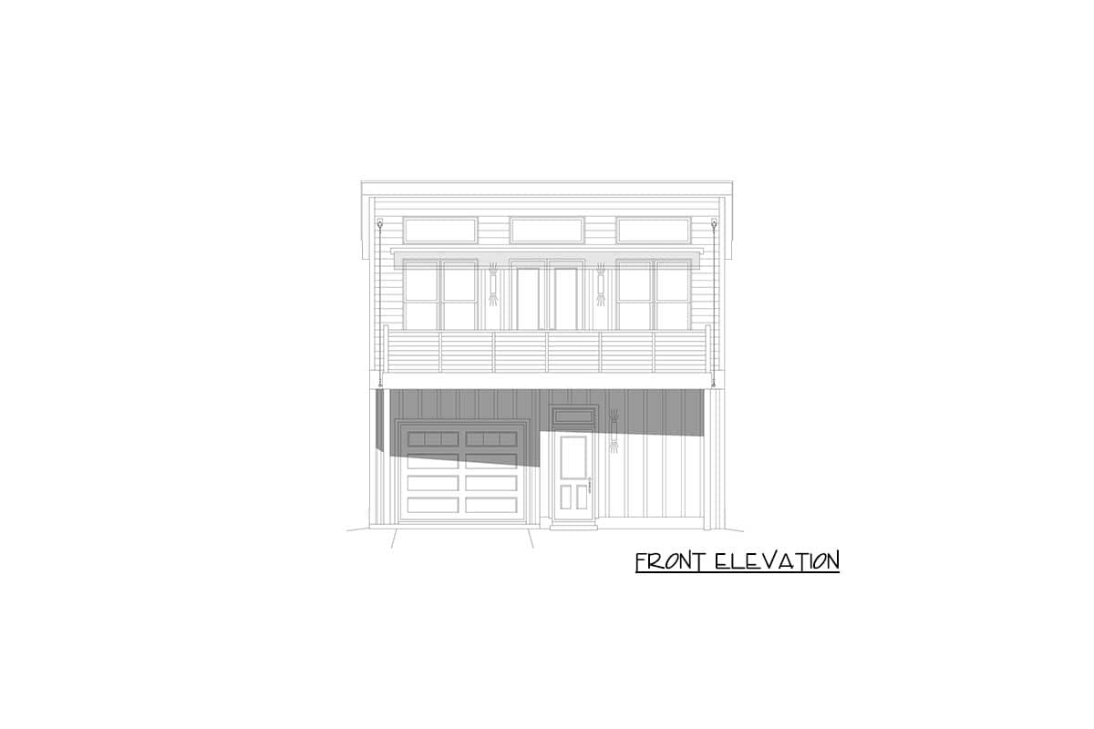 Front elevation drawing of a two-story house with a garage, balcony, and multiple windows.