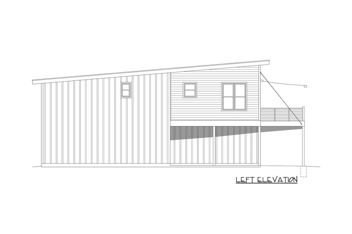 Left elevation drawing of a house plan with a shed roof, vertical siding, and a deck.