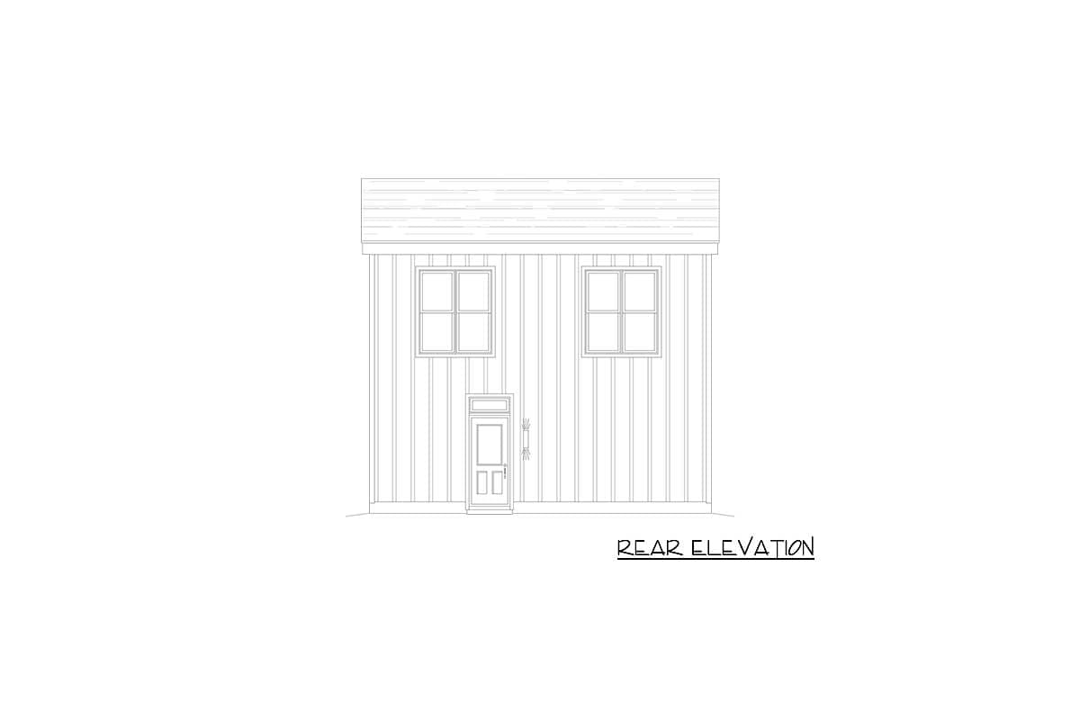 Rear elevation drawing of a house with two upper windows, a central door with transom, and vertical siding.