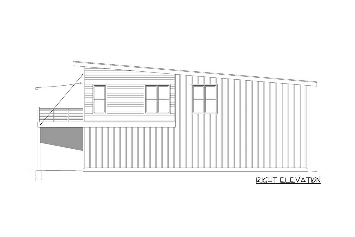Right elevation drawing of a house plan with a shed roof, horizontal siding, and a deck.