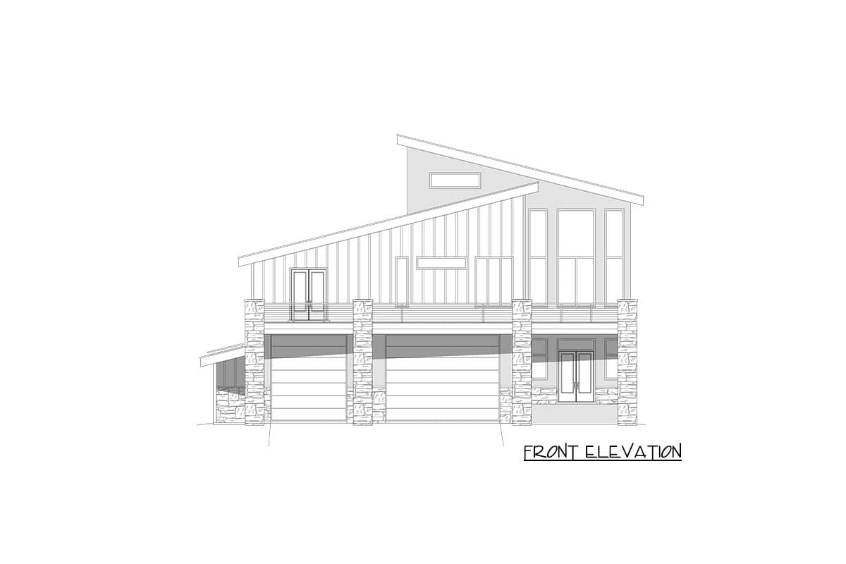 Front elevation drawing of a modern house plan with three-car garage, stone pillars, and a steeply sloped roof.