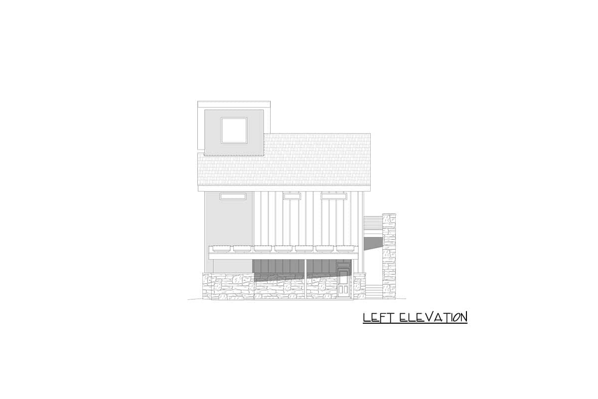 Left elevation house plan showing a shingled roof, dormer, vertical siding, stone foundation, and covered porch with railing.