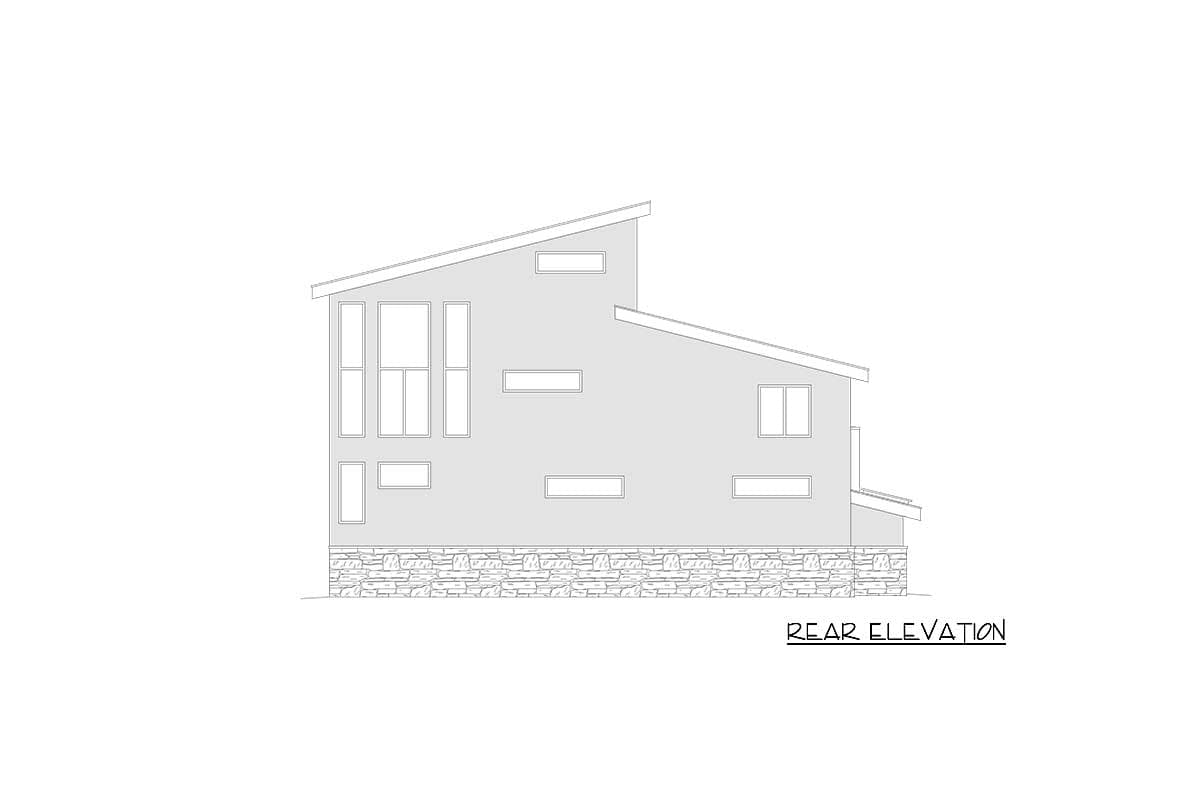 Rear elevation drawing of a house with a stone base, large modern windows, and a sloping roof.