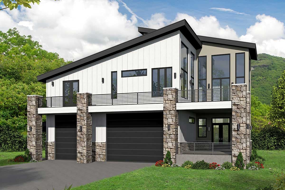 House plan exterior. Two-story modern home with a flat roof, stone columns, balconies, and black garage doors.
