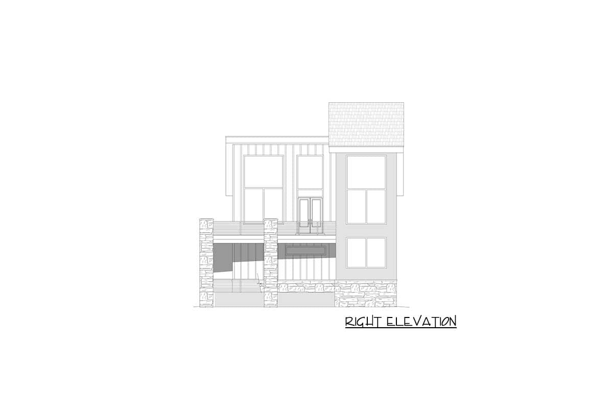 Right elevation drawing of a two-story house plan with stone accents, a balcony, and large windows.