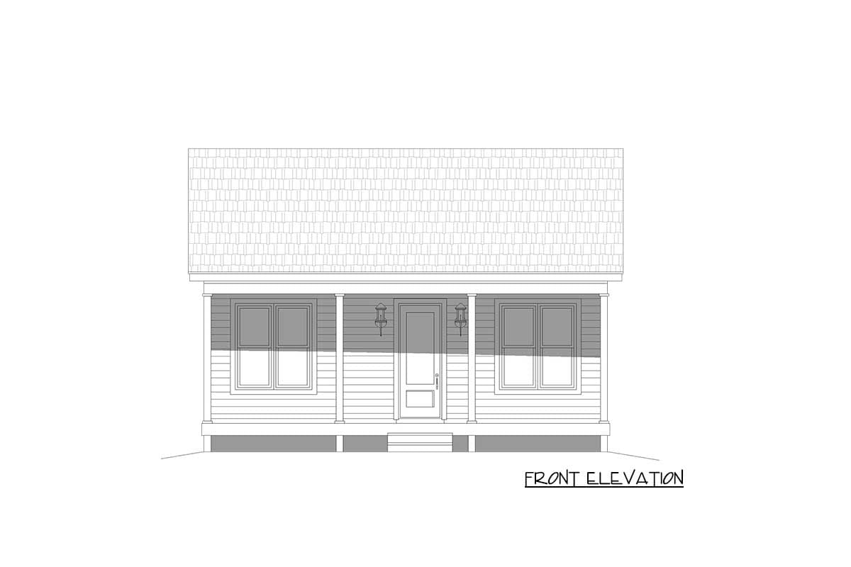 Front elevation drawing of a one-story house with a covered porch, central door, and two windows on each side.