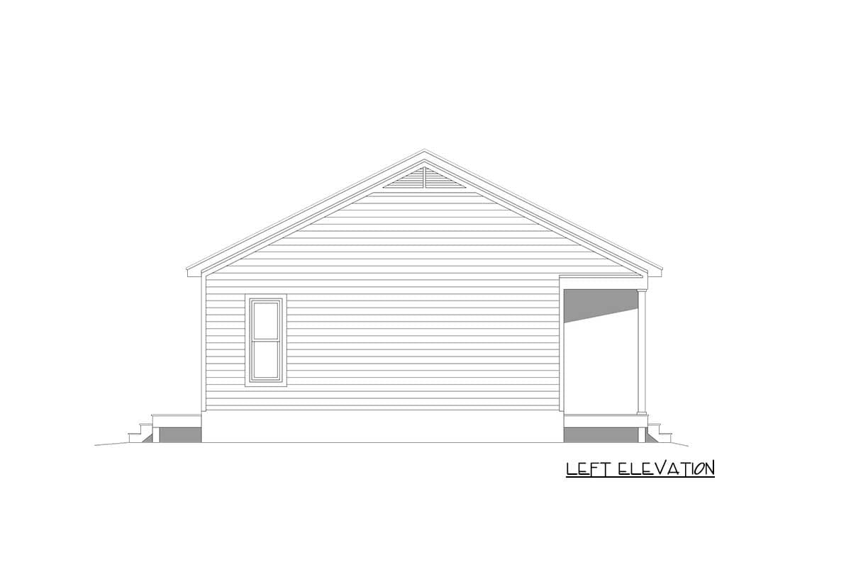 Left elevation house plan showing a single-story structure with horizontal siding, a prominent gable vent, and a covered front porch.