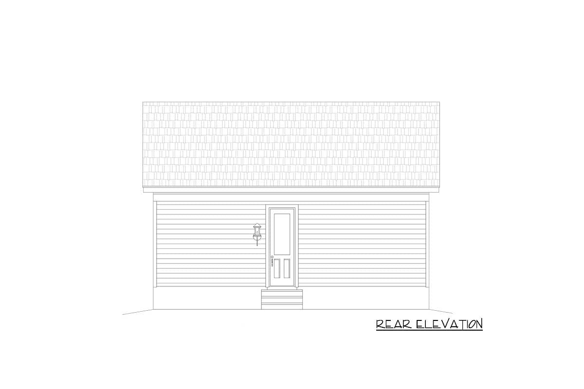 Rear elevation drawing of a house with horizontal siding, a centered door, and a gabled roof.