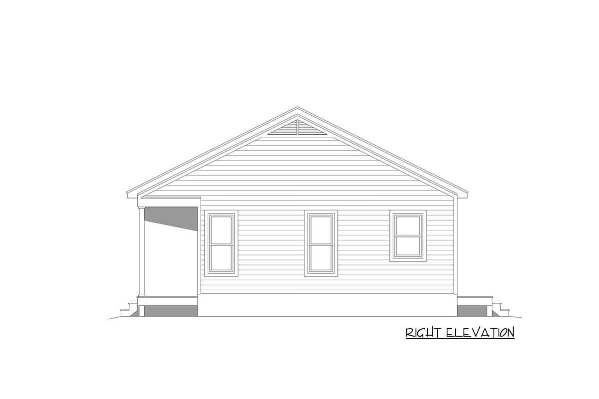 House plan right elevation of a single-story home with a gabled roof, front porch, and three windows.