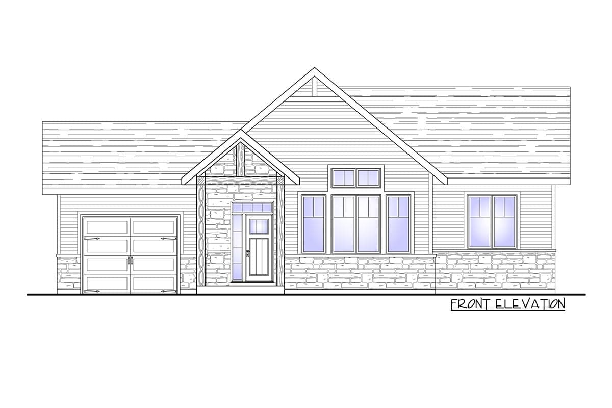 Front elevation house plan featuring a gable roof, stone accents, covered entry, and a two-car garage.