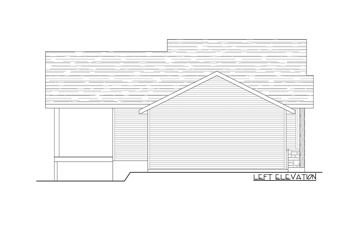 Left elevation drawing of a house plan, showing a gabled roofline, porch, and horizontal siding.