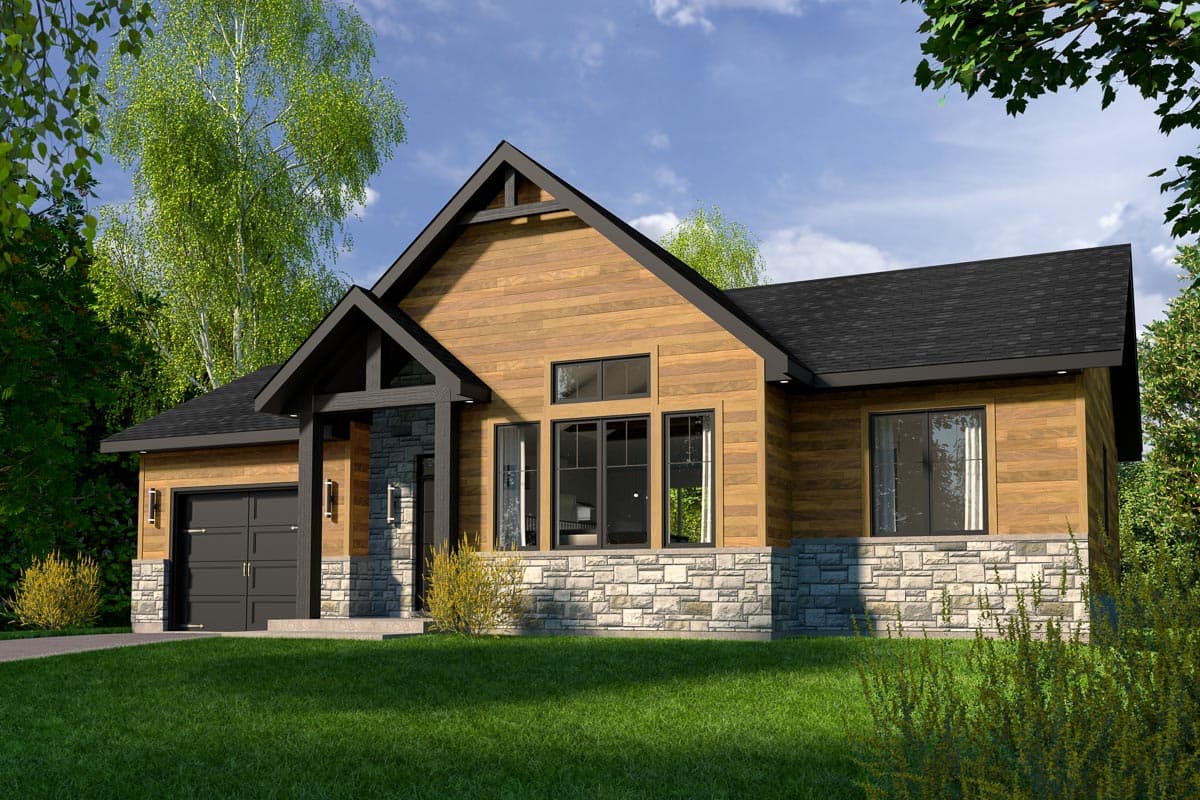 House plan exterior. One-story house with gabled roof, stone veneer, and timber-framed entry porch. Includes attached garage.