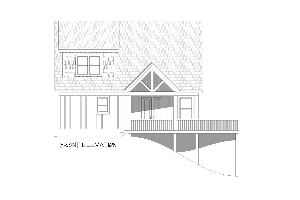 Front elevation drawing of a house plan featuring a gabled entry porch, deck, dormer, and vertical siding.