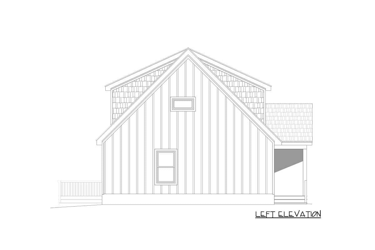 Left elevation house plan showing a gable roof with shingle and vertical siding, two windows, and a covered porch.