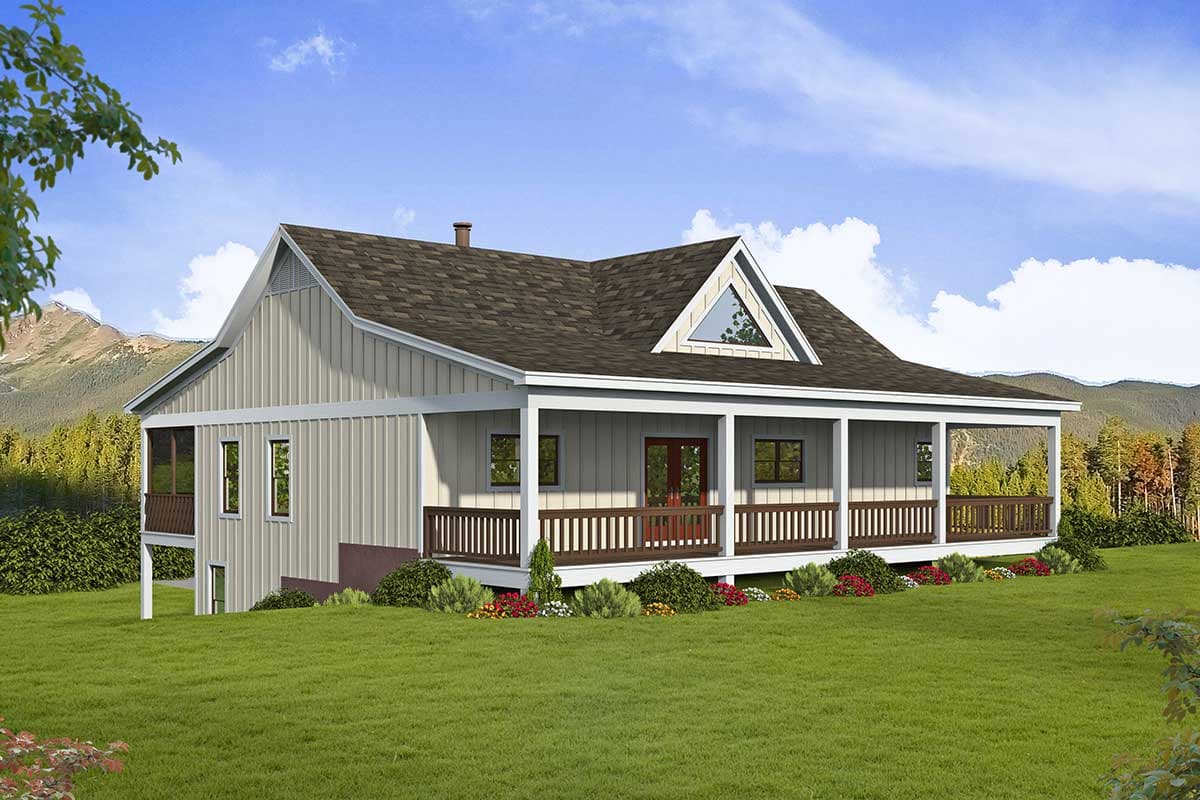 House plan exterior featuring a wide covered porch, gabled dormer with triangular window, and vertical siding.