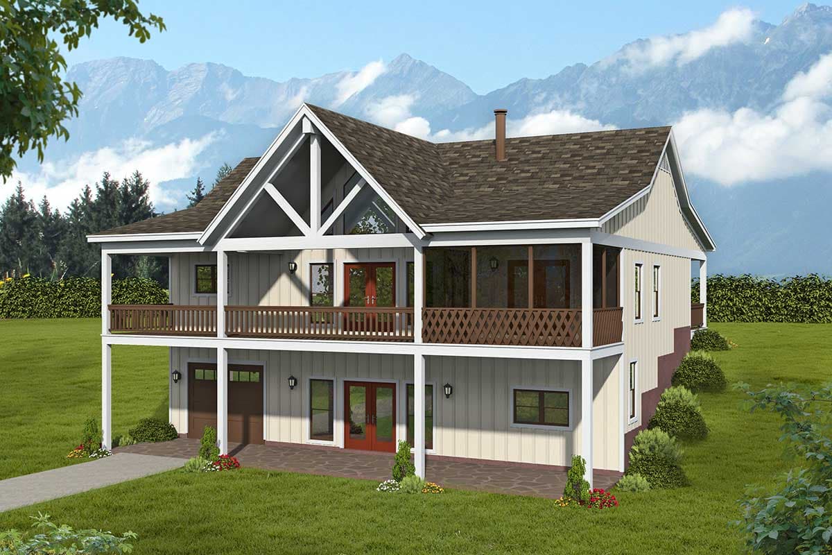 House plan exterior. Two-story home with a gabled roof, two-level porch with railing, and a garage on the lower level.