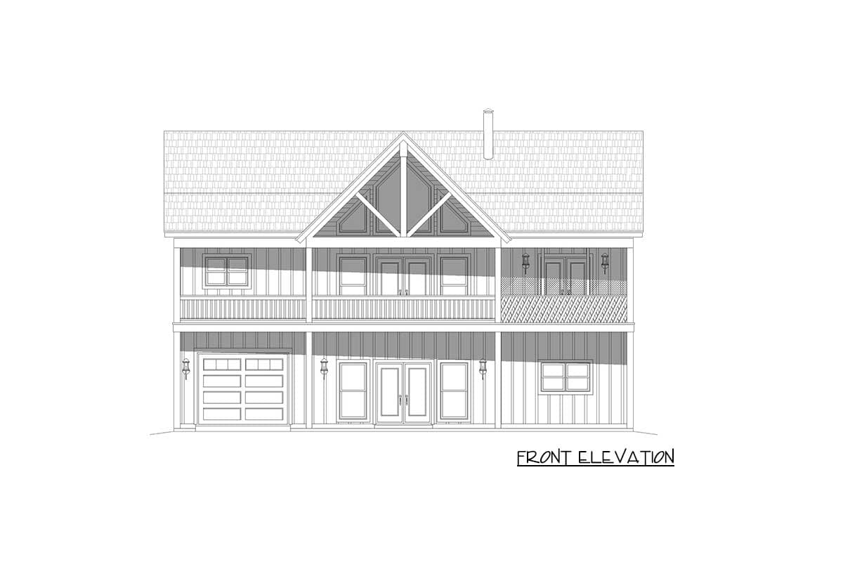 Front elevation drawing of a two-story house plan with a large gable, two balconies, and a front-entry garage.