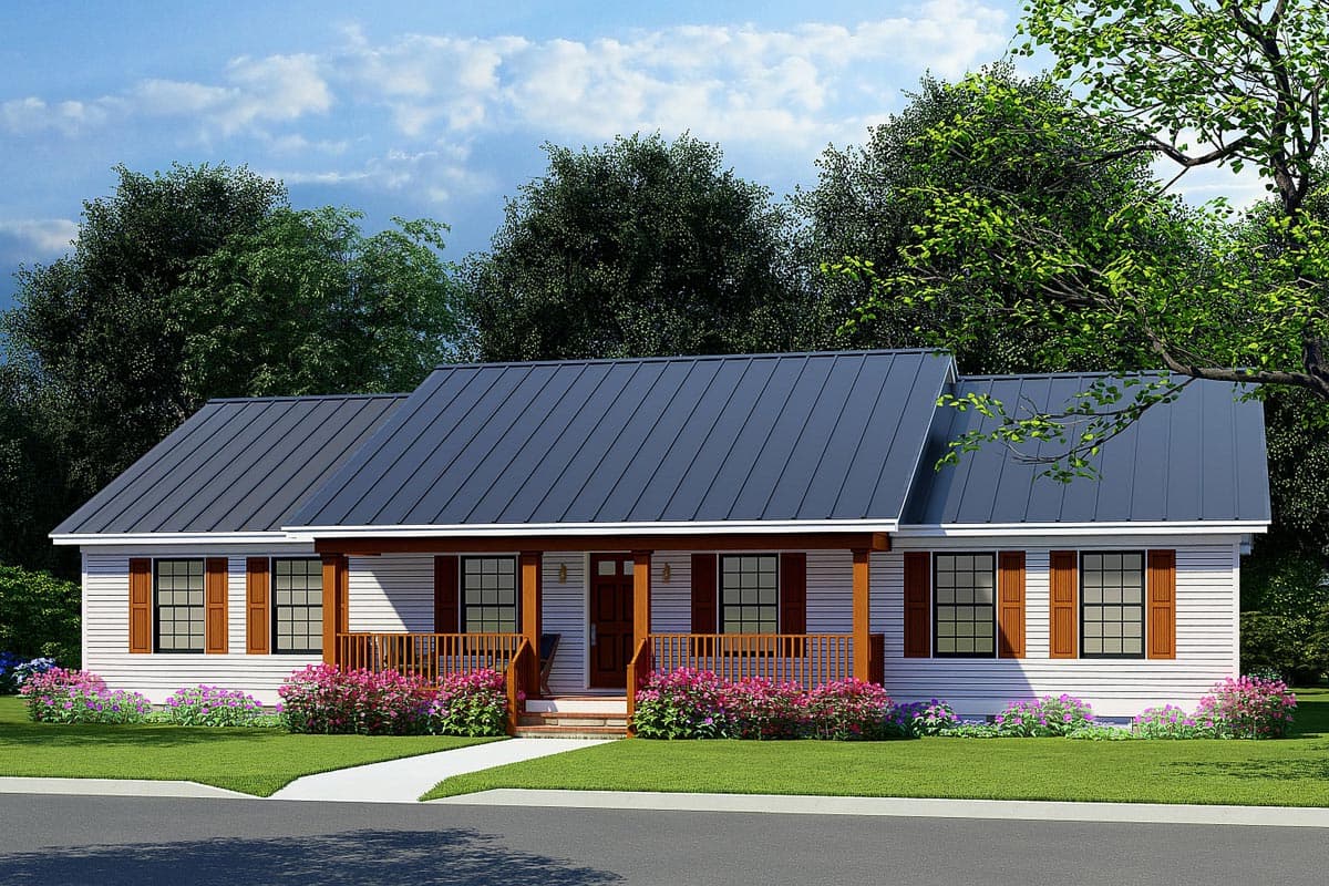 House plan exterior. Ranch style with a single story. Features include a covered porch with railing, dark metal roof, and shutters.