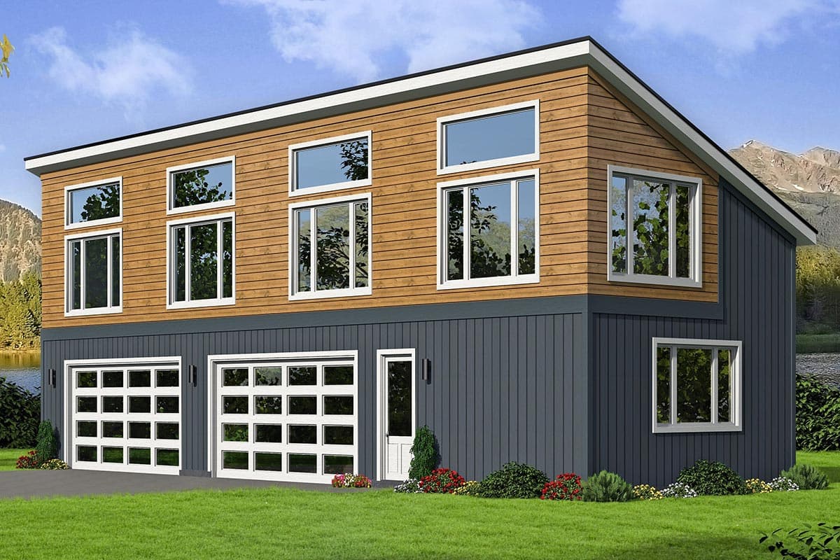 House plan exterior with two stories. Features include a gable roof, wood siding, and large rectangular windows. Includes a two-car garage.