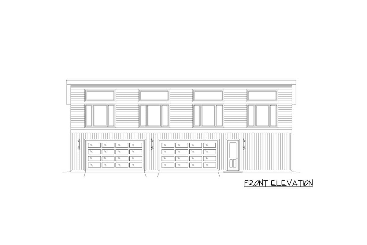 Front elevation drawing of a modern house plan with two garage doors, a single entry door, and multiple windows.
