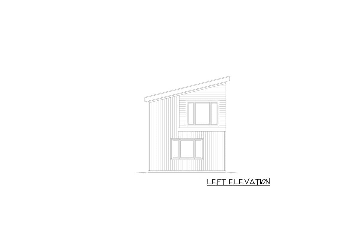 Left elevation drawing of a two-story house with a sloped roof and two windows on each level.