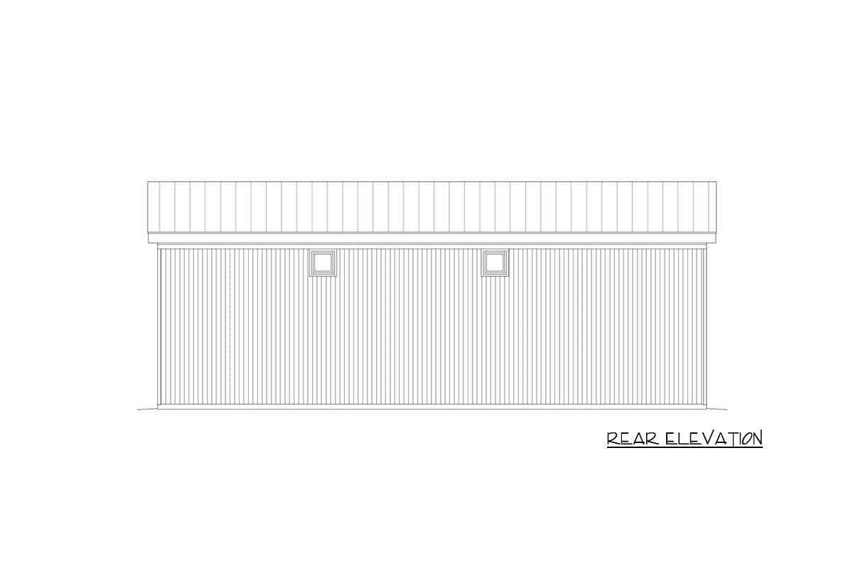 Rear elevation drawing of a single-story house plan with vertical siding and two square vent windows.