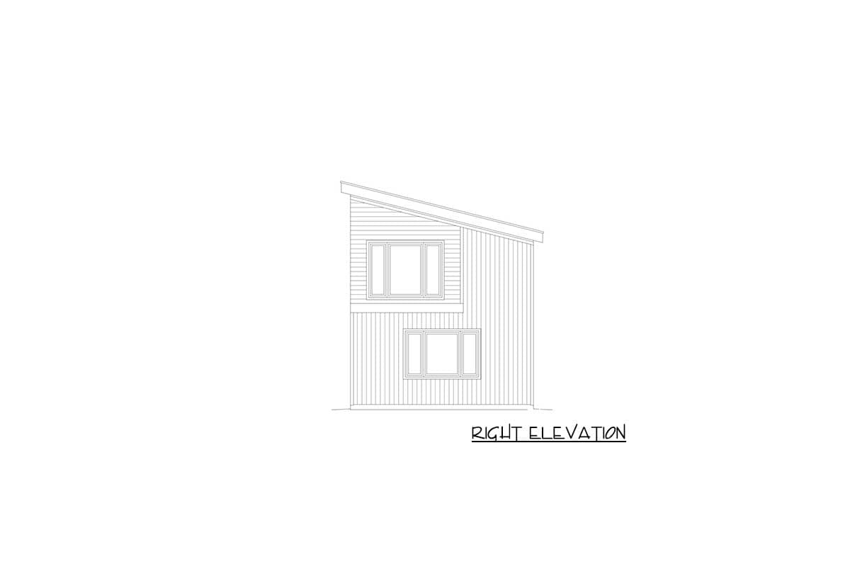 Right elevation drawing of a two-story house with a sloped roof and two stacked rectangular windows.