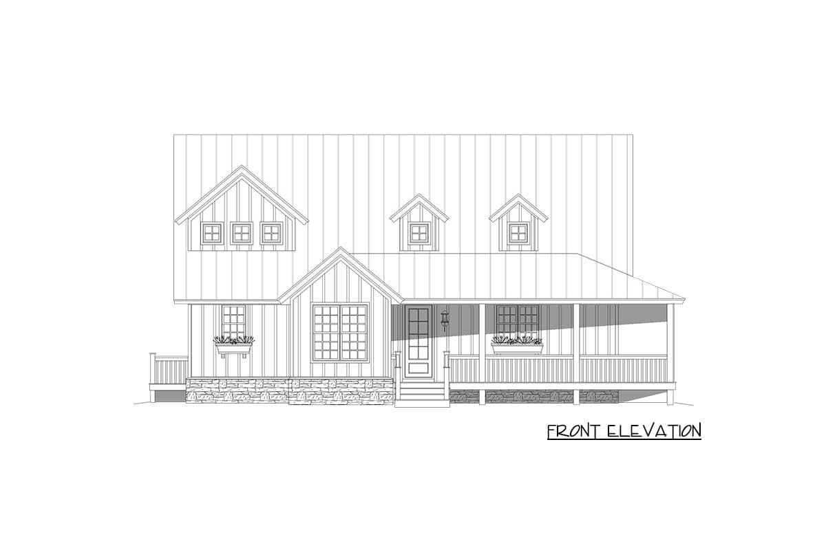 Front elevation drawing of a two-story house with a metal roof, dormers, gables, and a covered front porch.