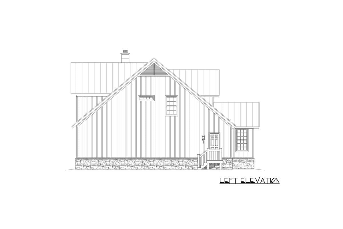 Left elevation of house plan, featuring board and batten siding, gable roof, stone foundation, and covered entry.