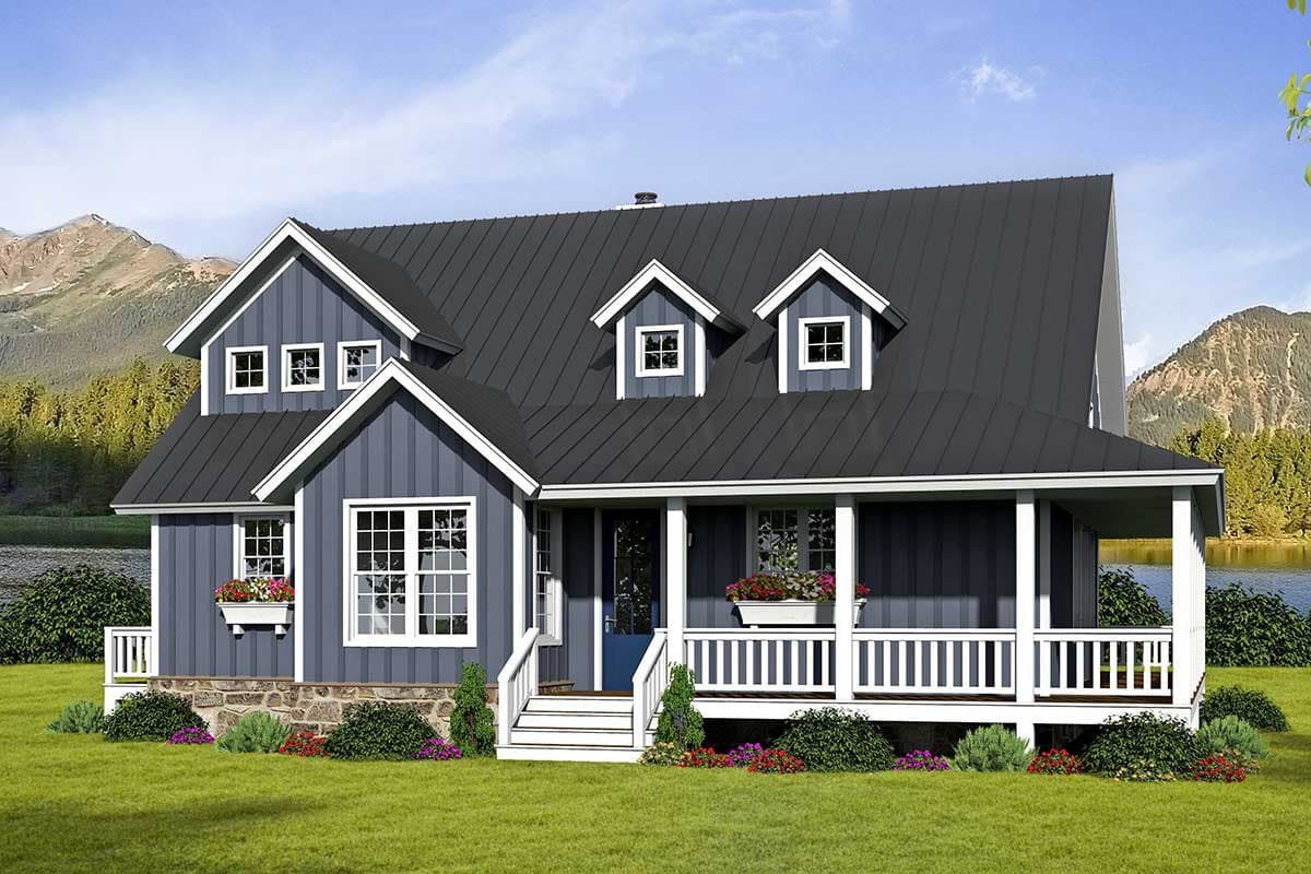 House plan exterior. Two-story farmhouse with a front porch, gables, and dormers. Features a dark metal roof and vertical siding.