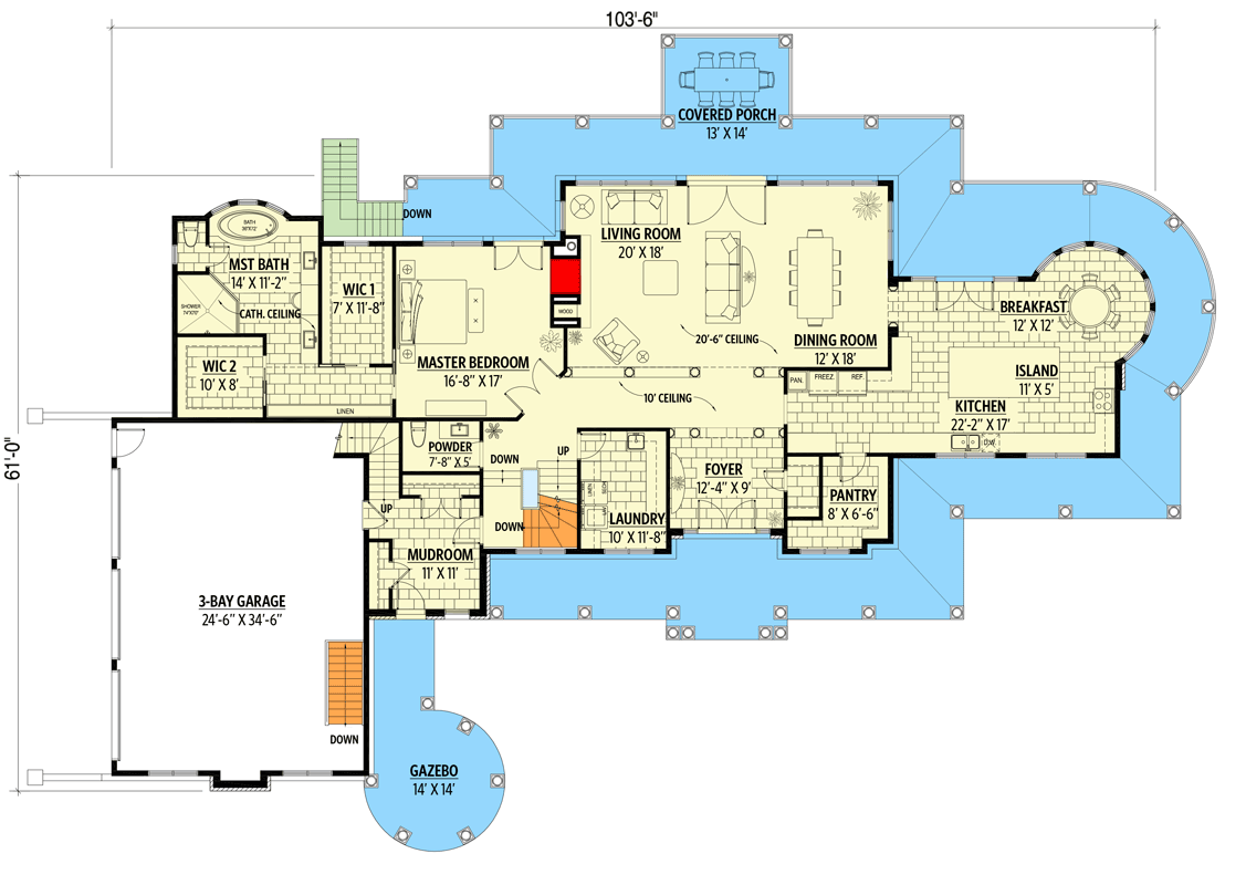 Plan 90312PD: 4-Bed Shingle-style Home Plan with Wraparound Porch and Circular Breakfast Nook - Floor Plan - Main Level - Cape Cod, Coastal, Shingle, Traditional