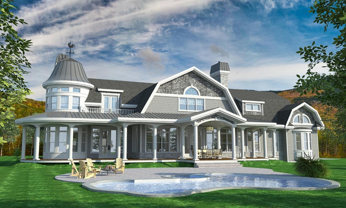 House plan exterior featuring a wrap-around porch, dormers, a turret with weather vane, and a gambrel roof.
