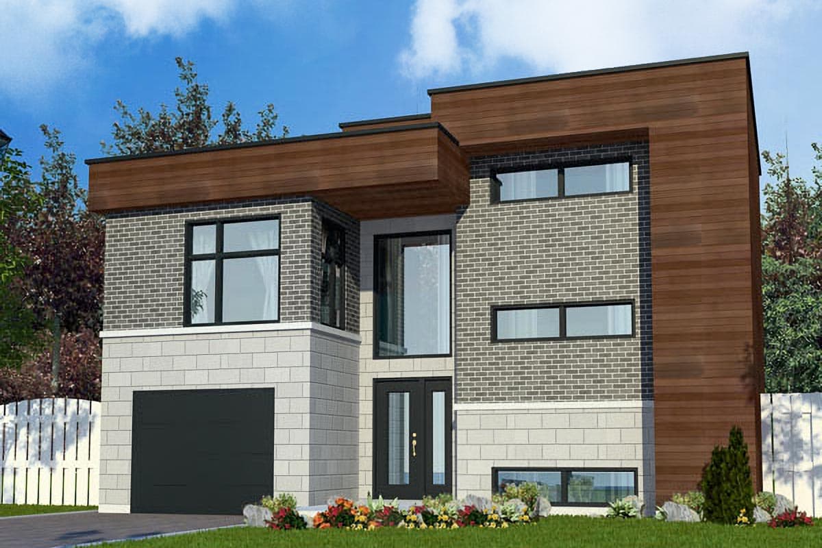 House plan exterior with two stories. Modern style with flat roof, horizontal wood siding, brick facade, and a two-car garage.