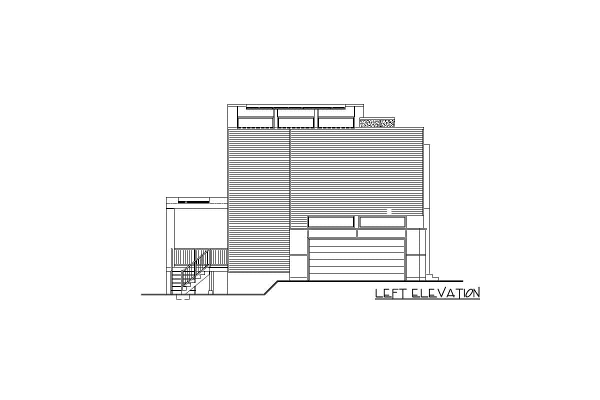 Left elevation drawing of a modern house with horizontal siding, a garage, and exterior stairs.