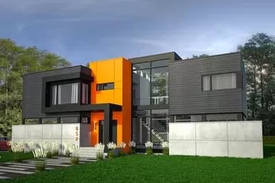 Modern House Plan with Glass-encased Stair and 2-Story Living Room