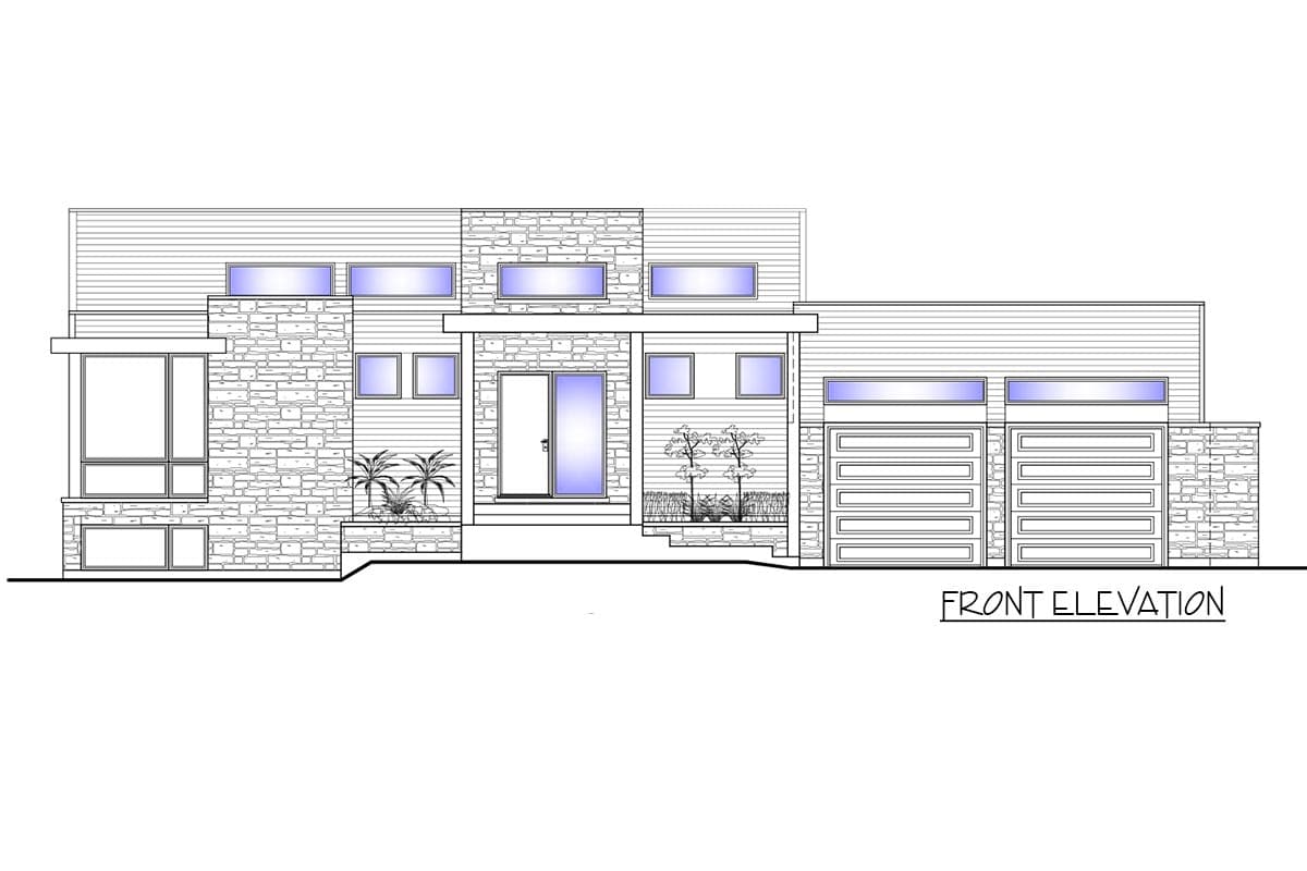 Front elevation of a modern house plan with stone and horizontal siding, a covered entry, and a three-car garage.
