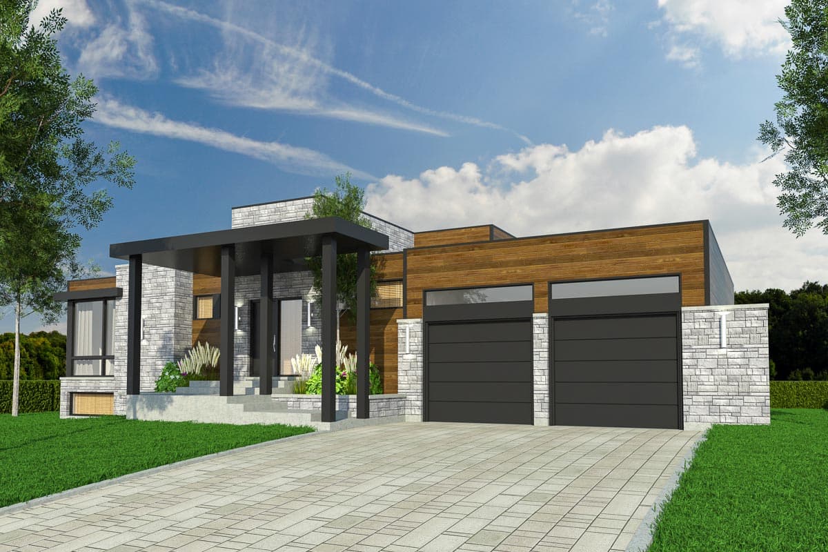 Modern house plan exterior with stone and wood facade, covered entry porch, and attached two-car garage.
