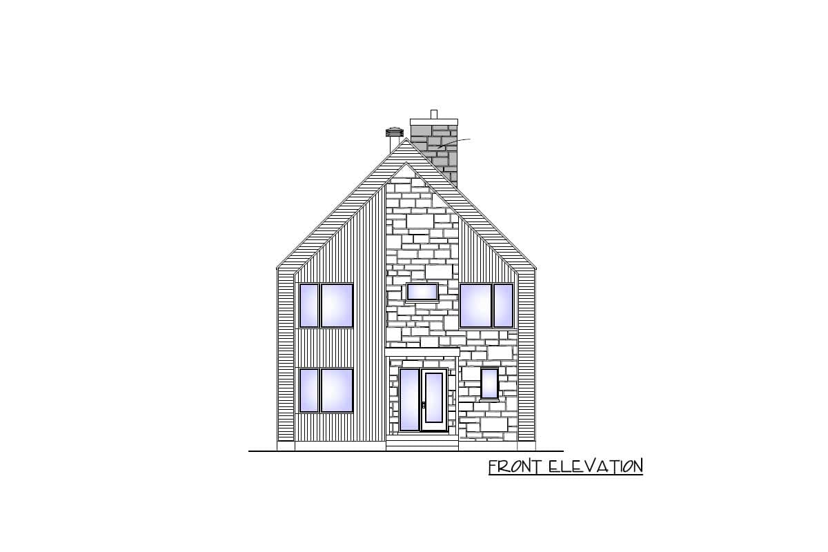 Front elevation drawing of a two-story house with mixed siding and stone facade, central gabled roof, and prominent chimney.