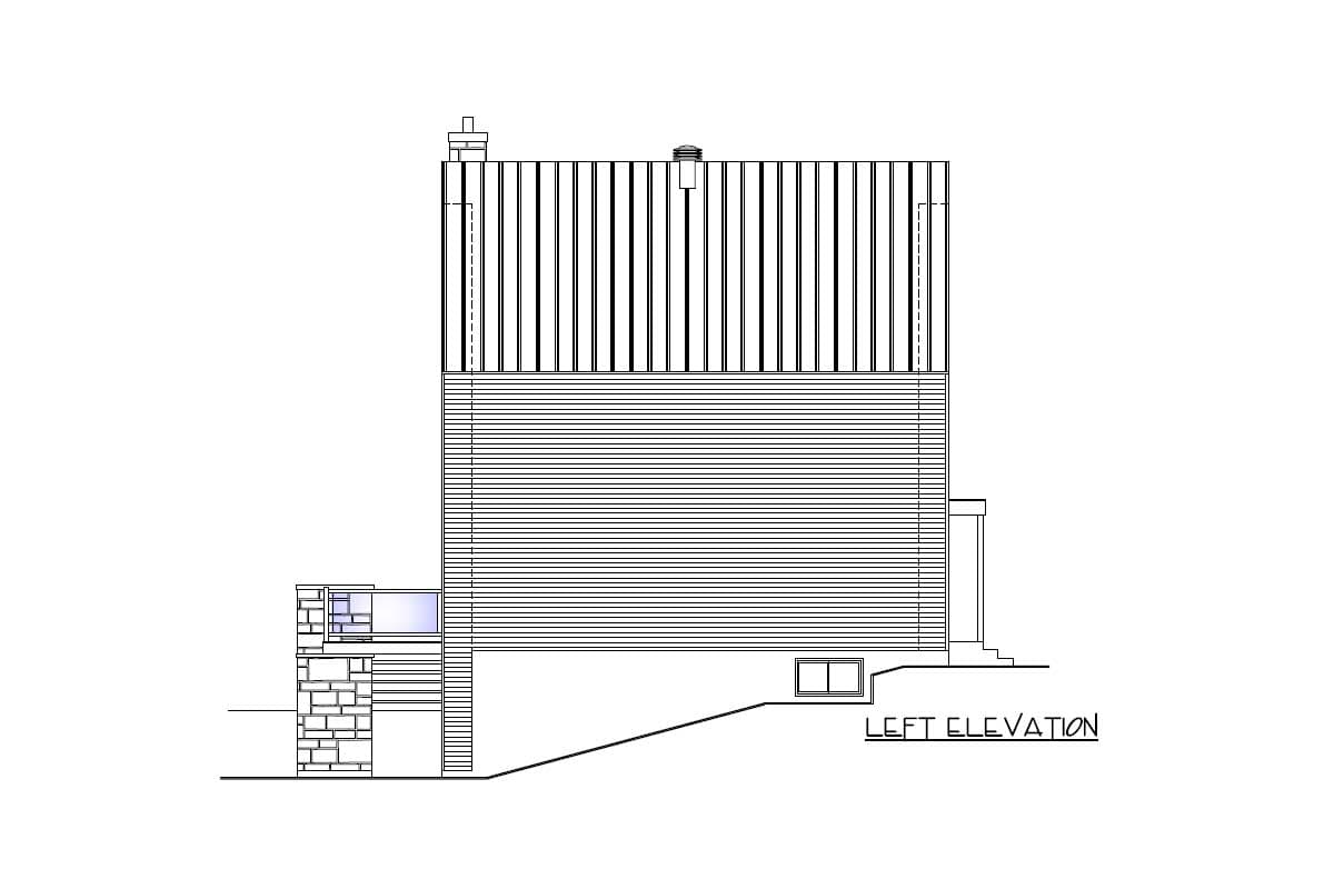 Left elevation house plan drawing showing a multi-story structure with horizontal siding, a pitched roof, chimney, and stone accent.