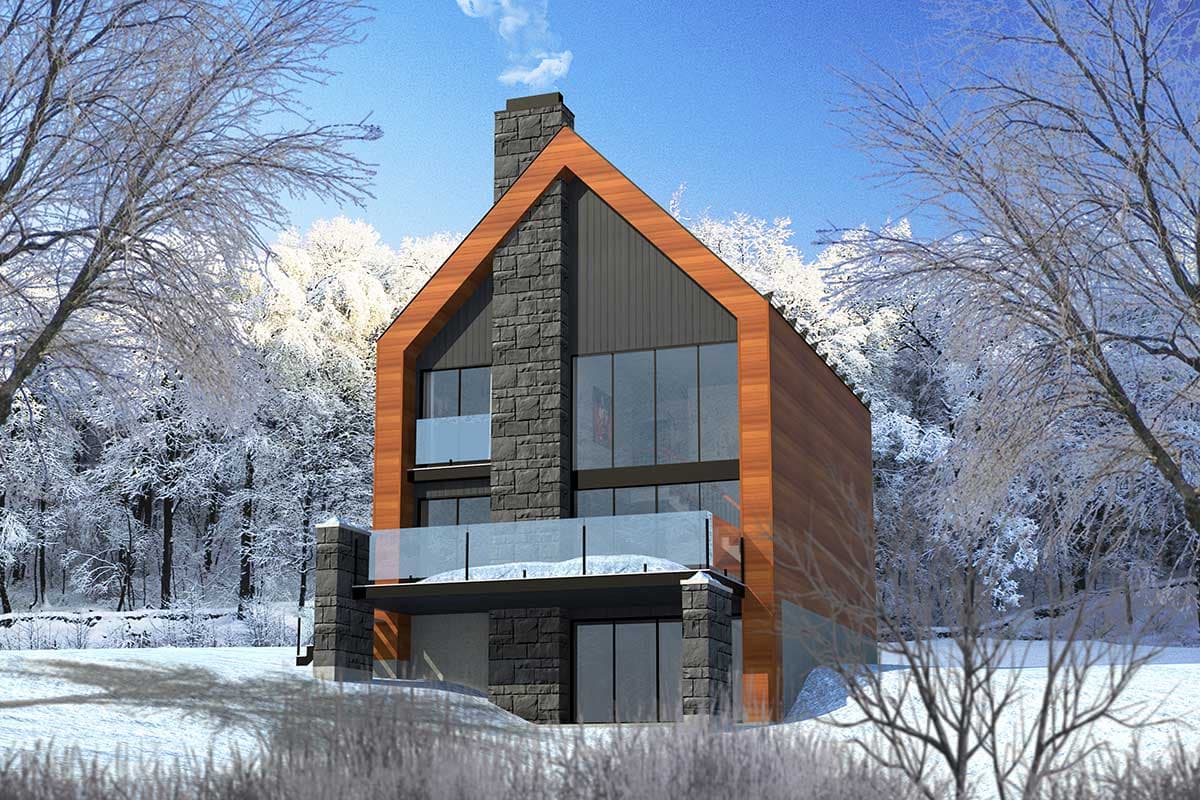 House plan exterior. Two-story Modern house with board and batten siding, stone chimney and accent wall, and glass-railed balconies.