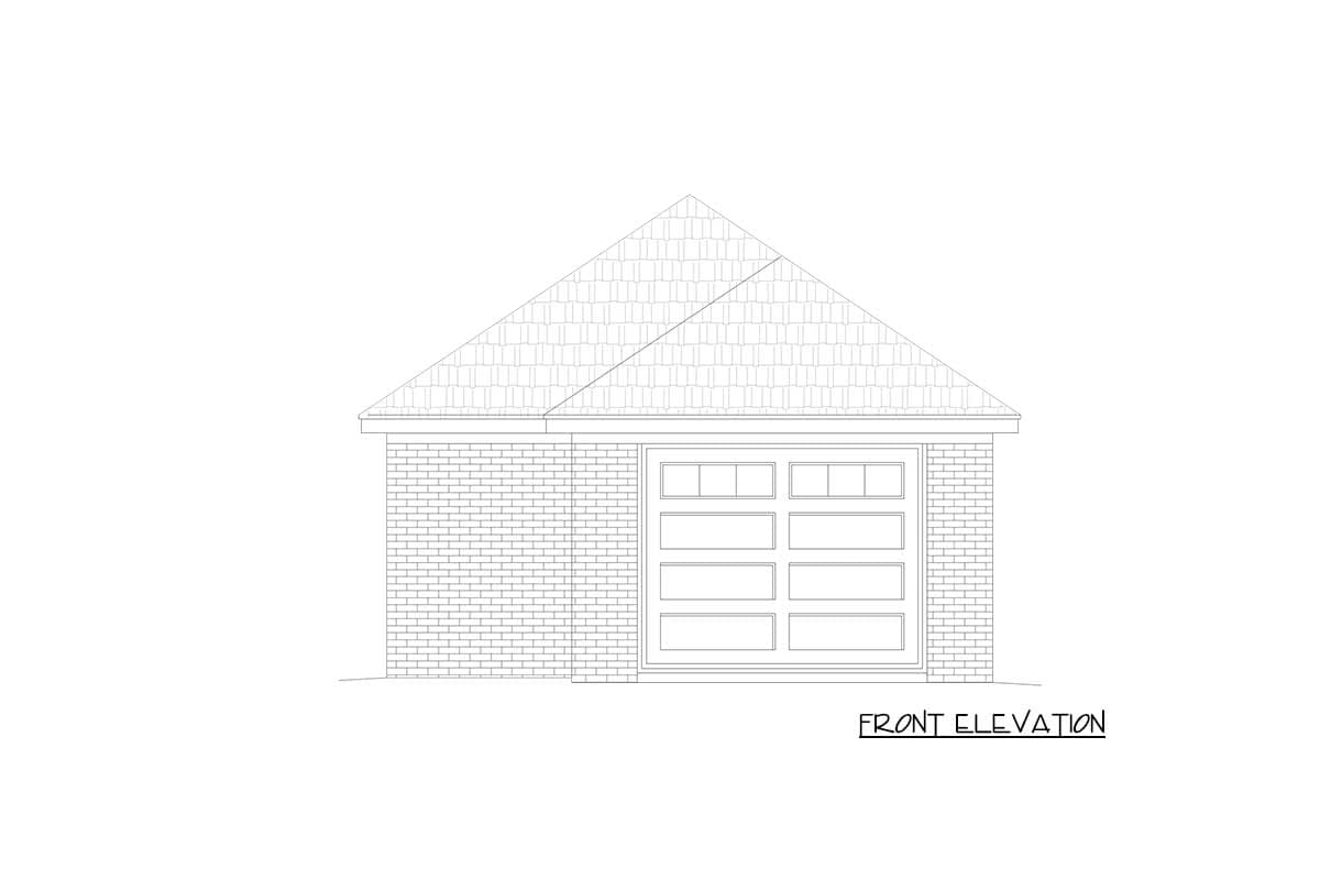 Front elevation drawing of a house with brick exterior, gable roof, and segmented garage door.
