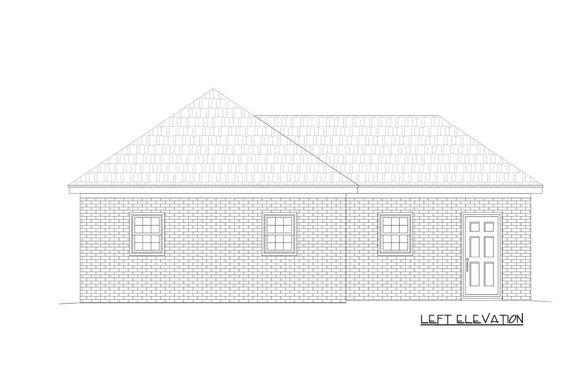 Left elevation drawing of a house plan showing brick exterior, multiple windows, and a double-door entry.