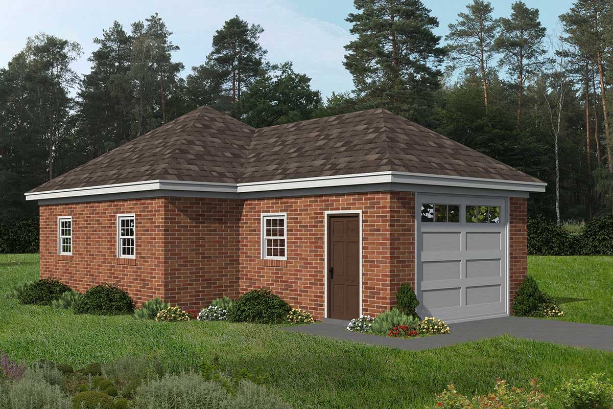 House plan exterior with brick facade, gable roof, and attached garage. Includes a brown door and white-framed windows.