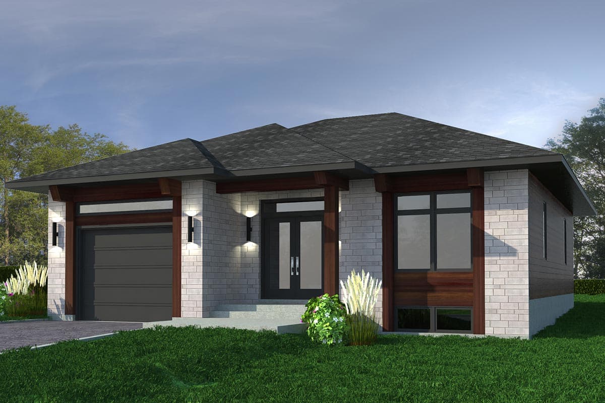 House plan exterior. One-story Modern house with a low-sloped roof, brick facade, and integrated garage. Features wood accents and a covered entry.