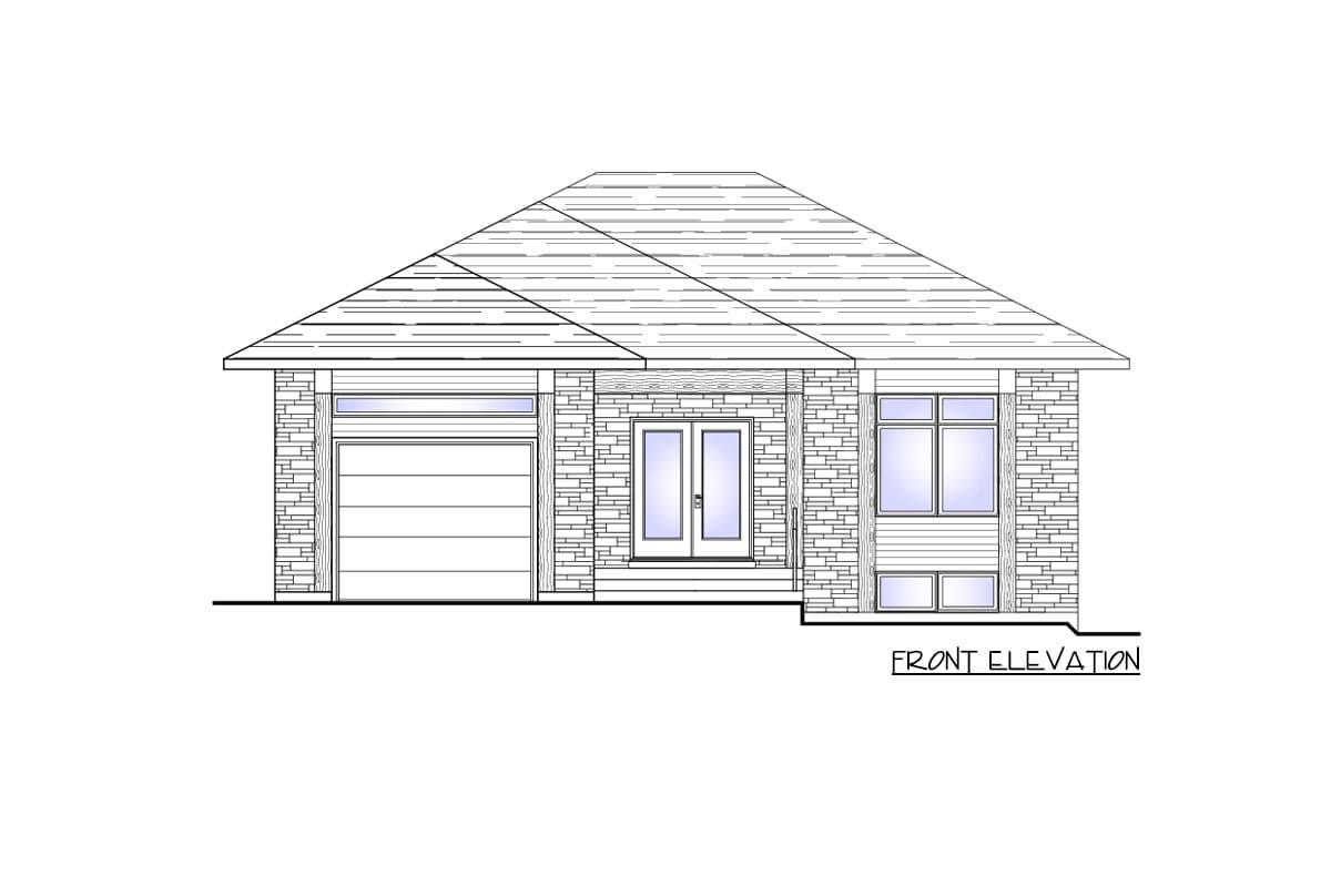 Front elevation of a one-story house plan with a gabled roof, stone veneer, garage, double entry doors, and multiple windows.