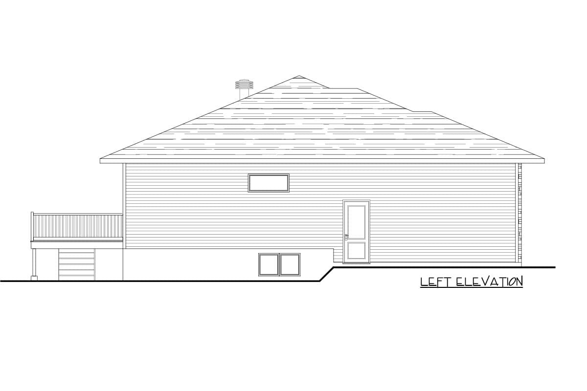 Left elevation of a house plan showing a pitched roof, horizontal siding, a deck, a door, and windows.